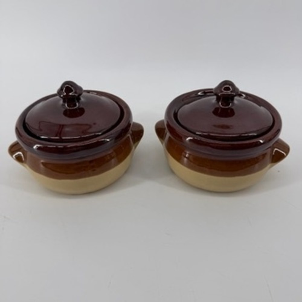 Vintage Two Tone Brown Stoneware French Onion Soup Crocks with Lids Set of 2